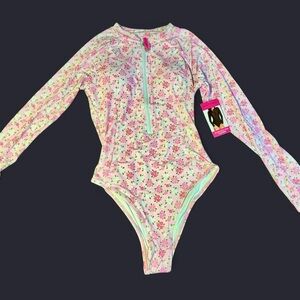 NWT BETSEY JOHNSON 1PC Long Sleeve Scuba Zip Up Swimsuit, Size M